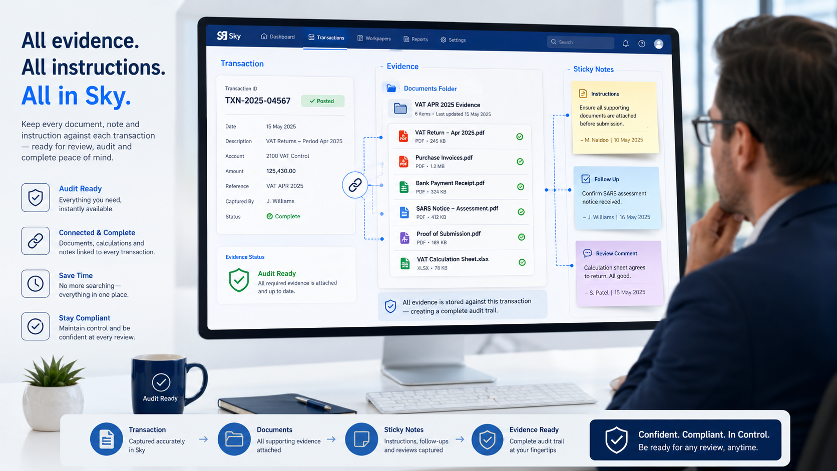 Sky transaction evidence interface showing documents folder, sticky notes and audit-ready status linked directly to a transaction
