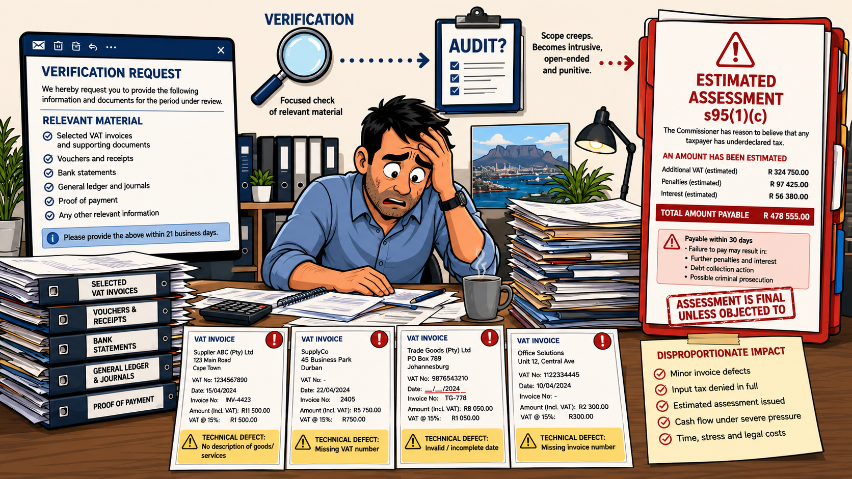 Infographic showing the SARS verification-to-audit escalation, estimated assessment breakdown and disproportionate impact on taxpayers