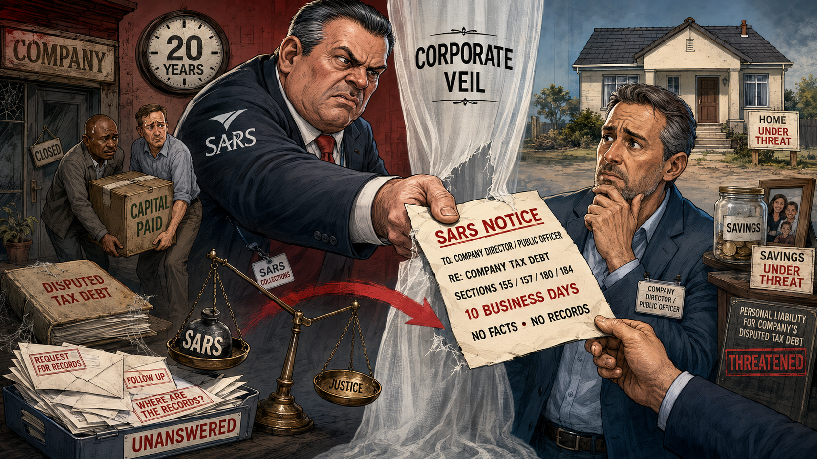 Illustration of a SARS official handing a personal liability notice to a company director and public officer through a torn corporate veil, with the director's home and savings shown under threat