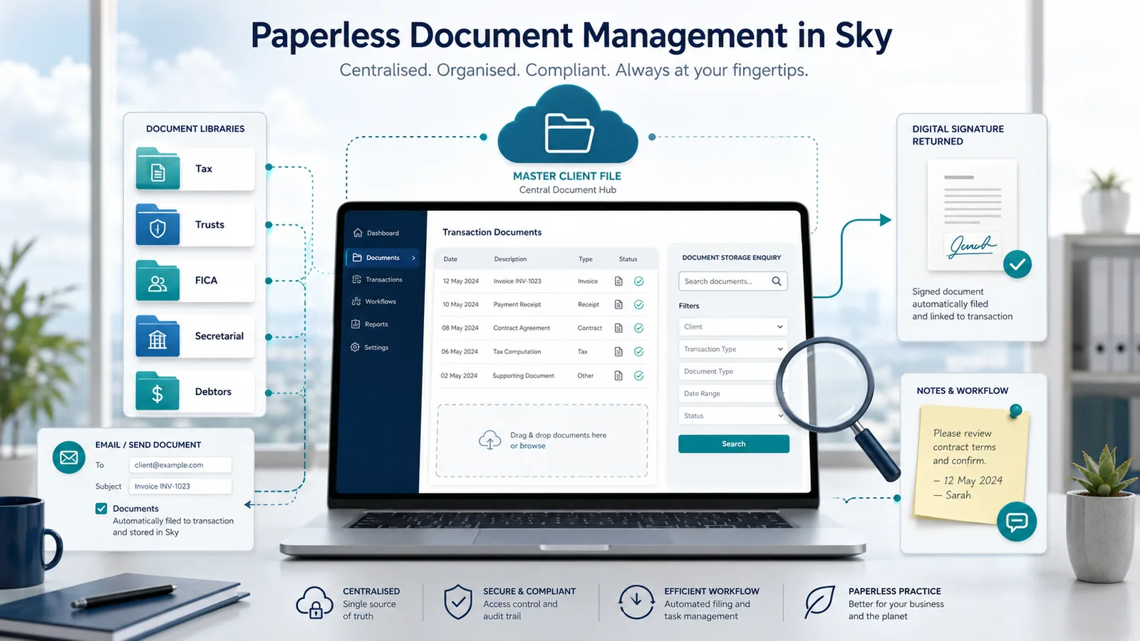 Document management screen holding client working papers and correspondence