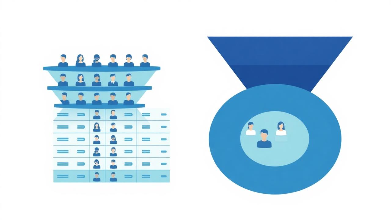Illustration of layered filters narrowing a large client list down to a small targeted set